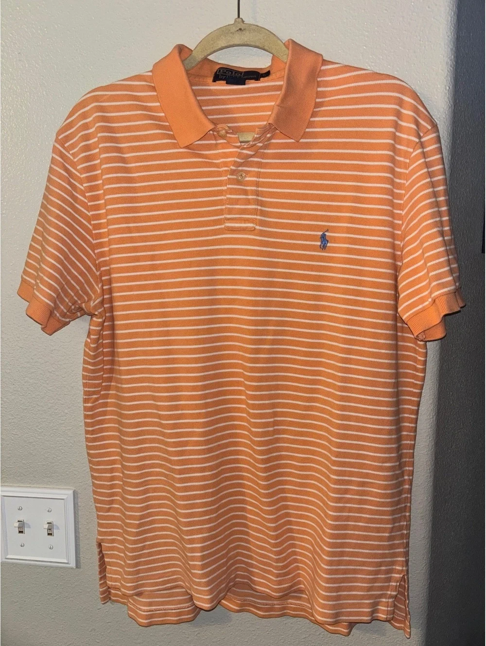 Polo Ralph Lauren Men Orange White Striped Polo Shirt Short Sleeve Size L